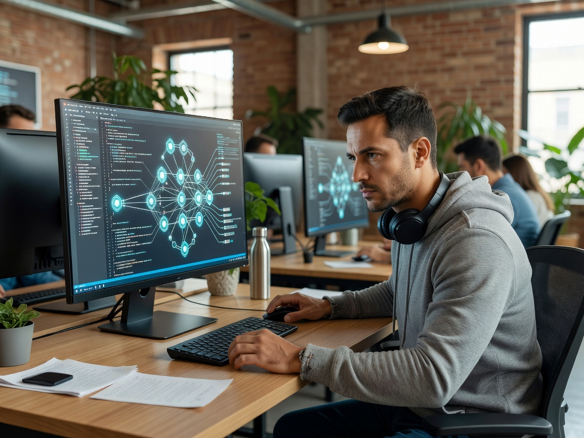 Tech Engineer Inspecting Tactical Code Pipelines on Bright Monitor